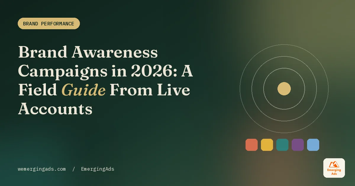 Brand awareness campaign field guide cover in the EmergingAds editorial palette