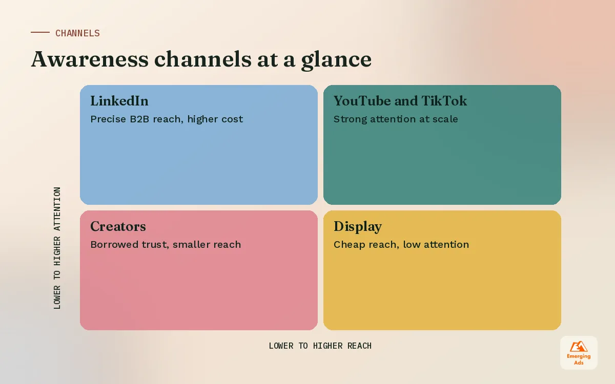 Matrix of awareness channels by reach and attention, including Meta, YouTube, TikTok, LinkedIn and display