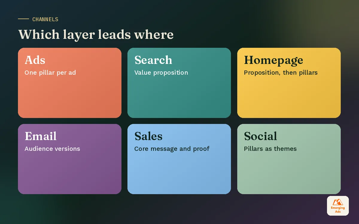 Colourful tiles showing which messaging layer leads on each marketing channel