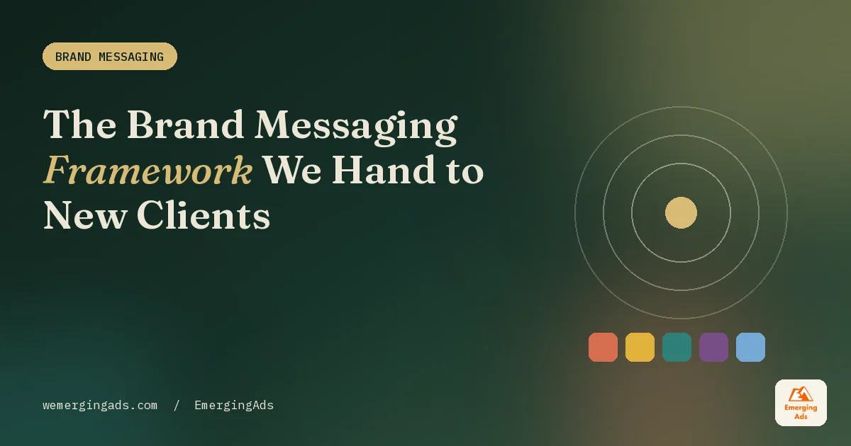 Brand messaging framework guide cover in the EmergingAds editorial palette