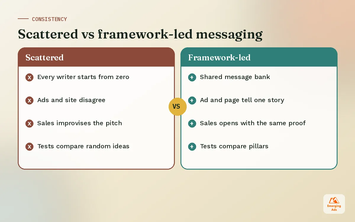 Comparison showing how scattered messaging differs from framework-led messaging across channels