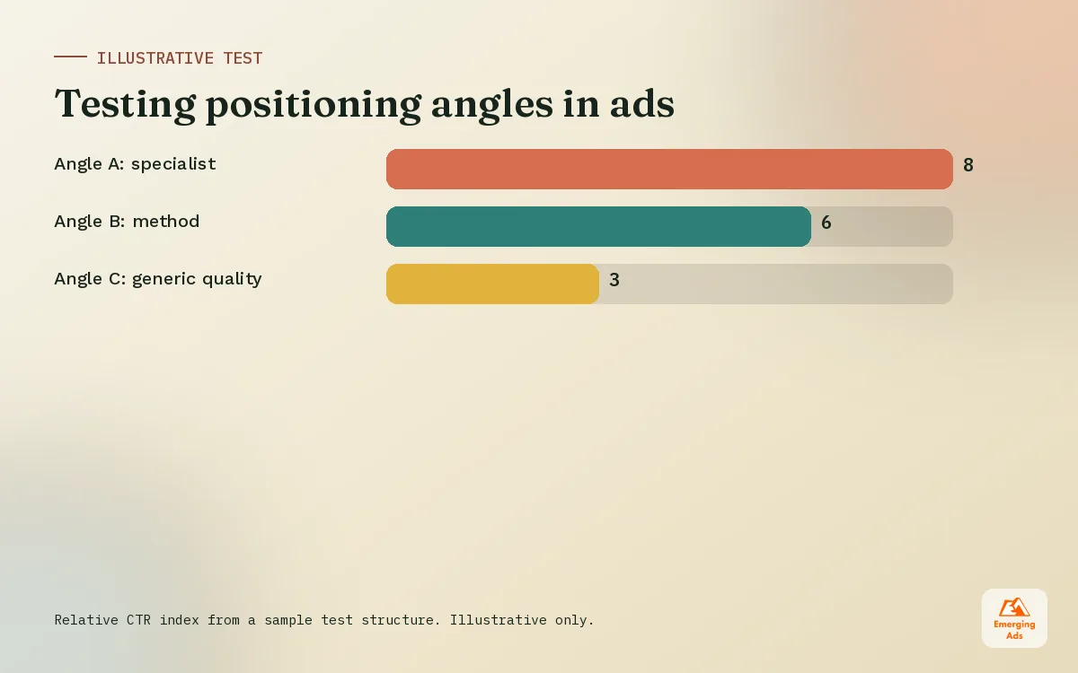 Bar chart comparing click-through performance of three positioning angles in a paid social test