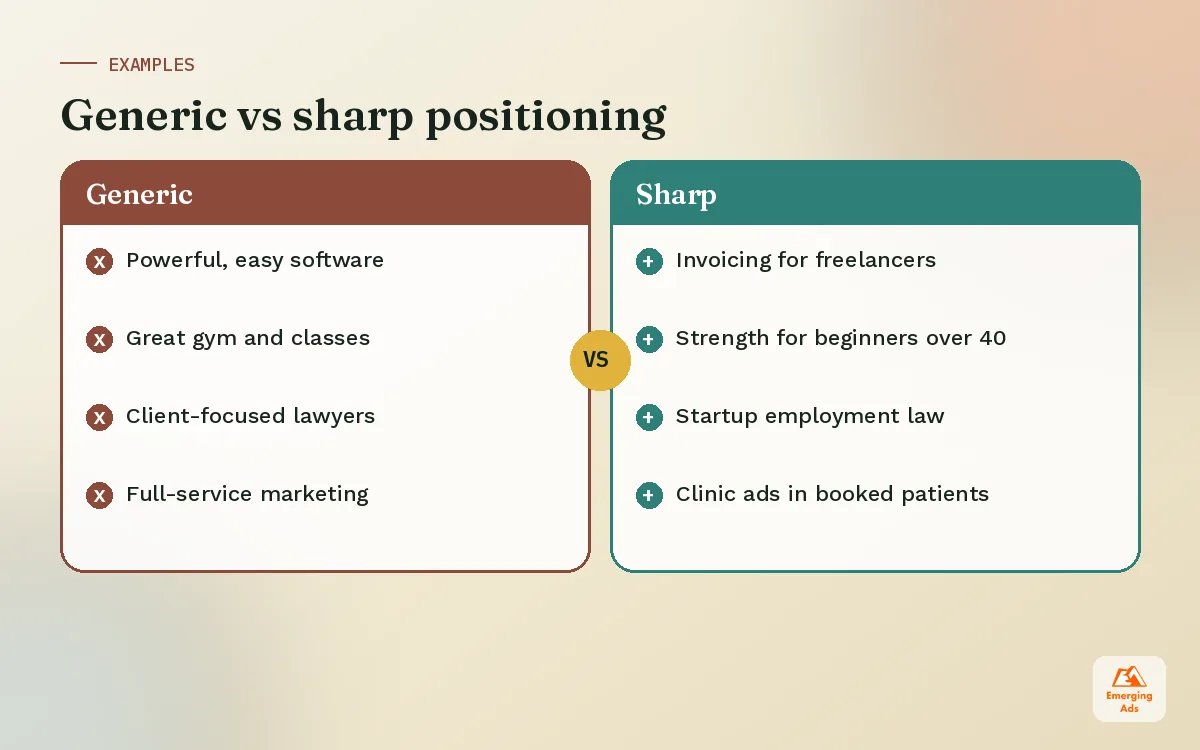 Comparison of generic brand positions versus sharp, specific brand positions