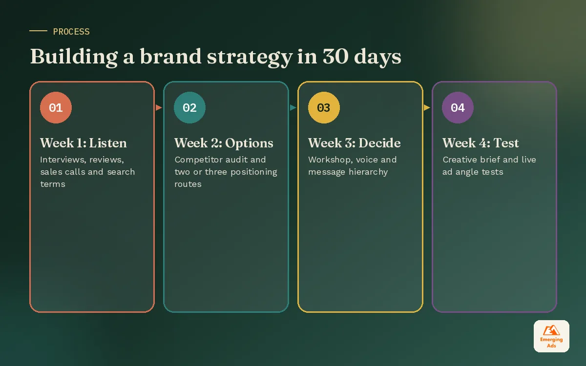 Four week brand strategy sprint timeline covering research, options, decisions and live ad tests