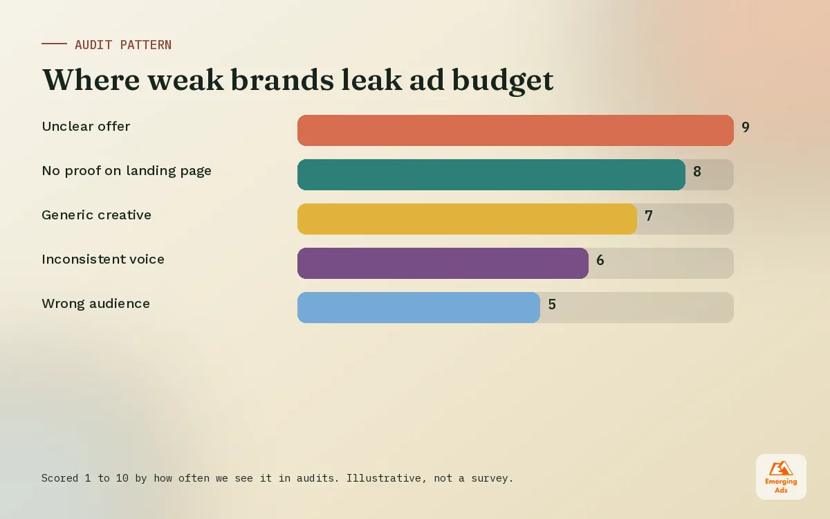 Bar chart of where weak brand strategy costs money in ad accounts, from unclear offer to wrong audience