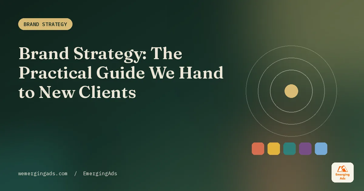 Brand strategy guide cover showing the EmergingAds editorial palette with the headline Brand Strategy, The Practical Guide We Hand to New Clients
