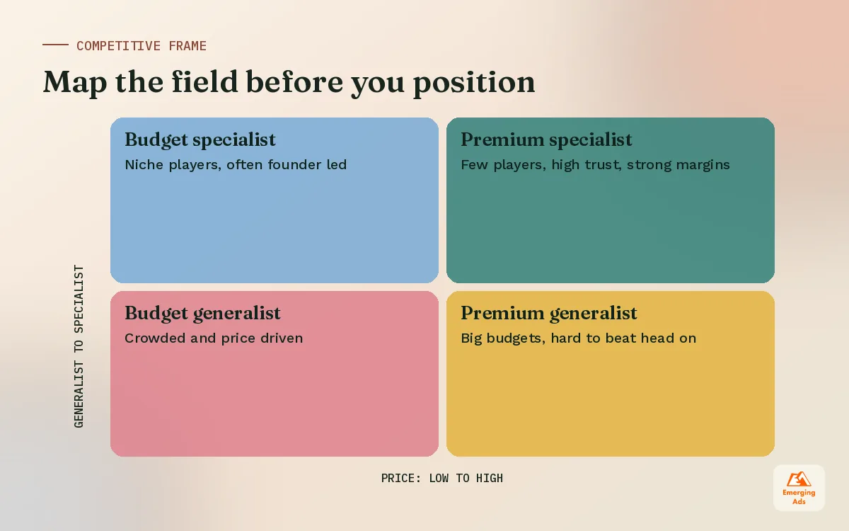 Two by two competitor positioning map with price on one axis and specialist versus generalist on the other