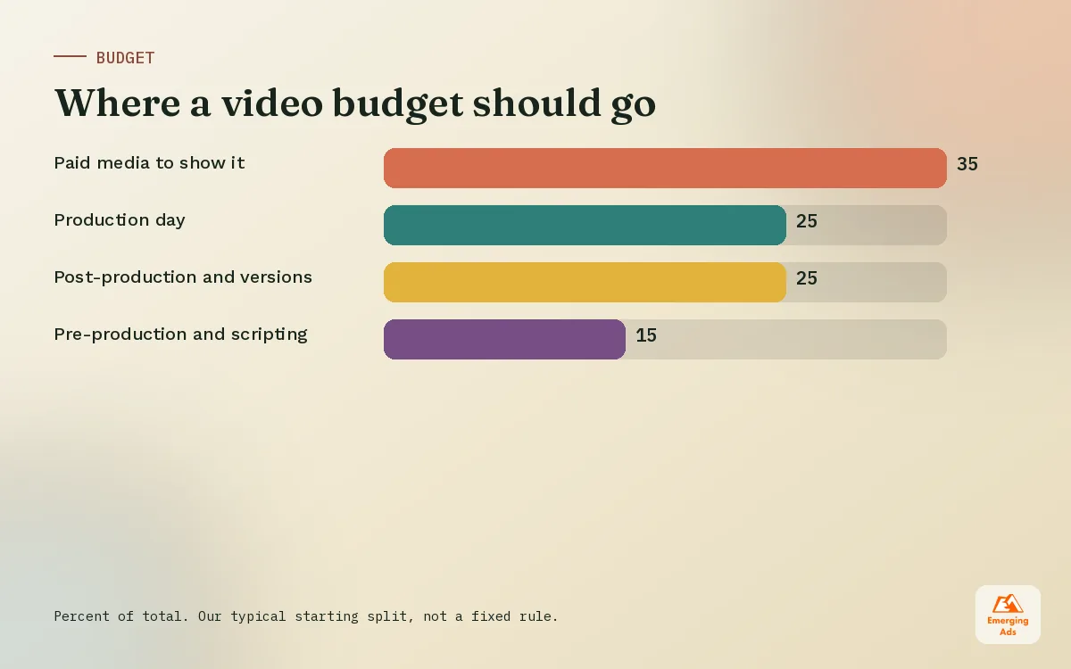 Bar chart showing a typical brand video budget split across pre-production, production, post-production and media