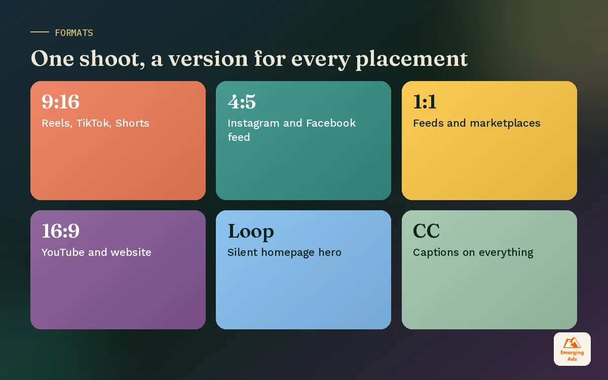 Colourful tiles showing video aspect ratios and edit styles for each social and video platform