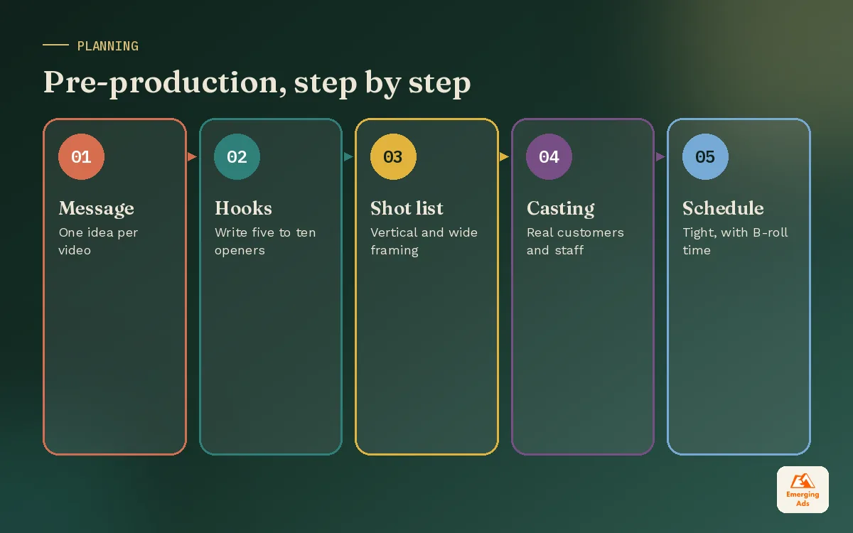 Pre-production steps for brand video from message and hooks to shot list, casting and schedule