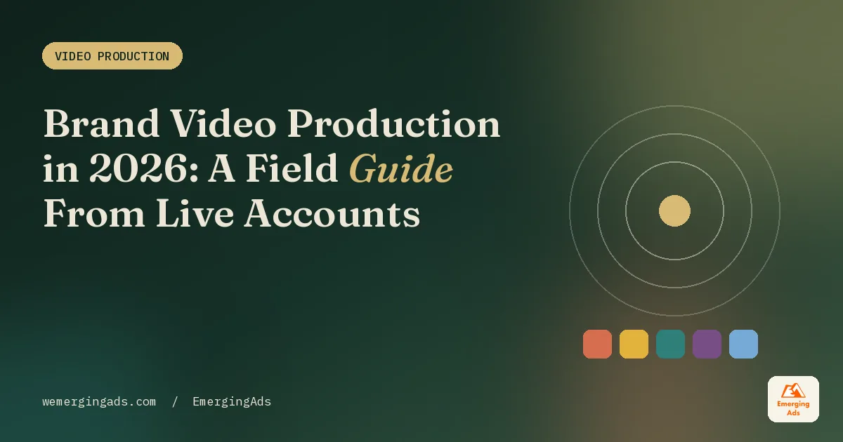 Brand video production field guide cover in the EmergingAds editorial palette