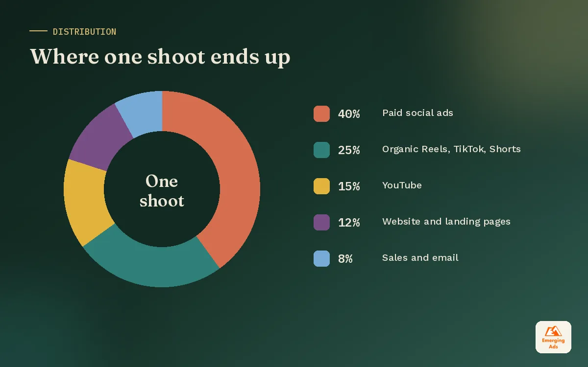 Donut chart showing where one brand video shoot gets used across paid social, YouTube, organic social and website