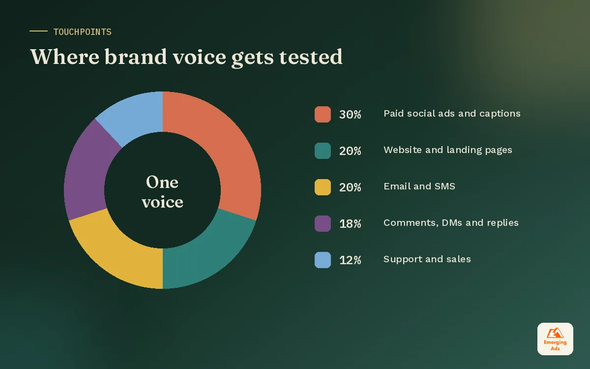 Donut chart showing where brand voice gets tested most across ads, website, email, social replies and support