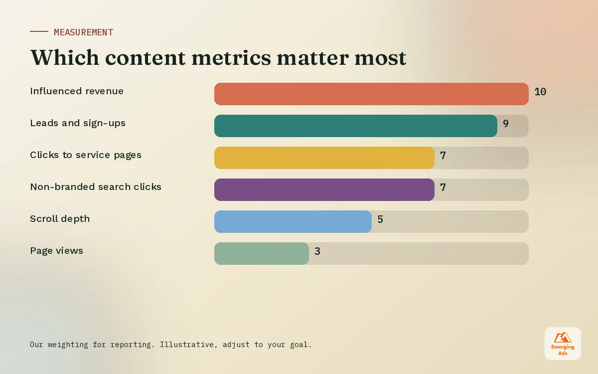 Bar chart ranking content metrics by how closely they connect to revenue