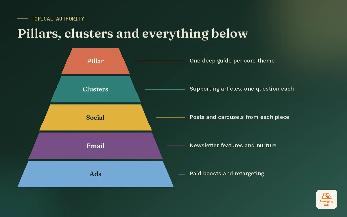 Pyramid showing pillar guides at the top supported by cluster articles, social posts and repurposed assets