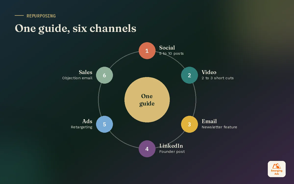 Wheel diagram showing one guide repurposed into social posts, videos, newsletter, LinkedIn, ads and sales emails