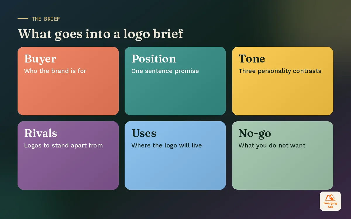 Colourful tiles listing what a logo design brief should include, from audience to constraints