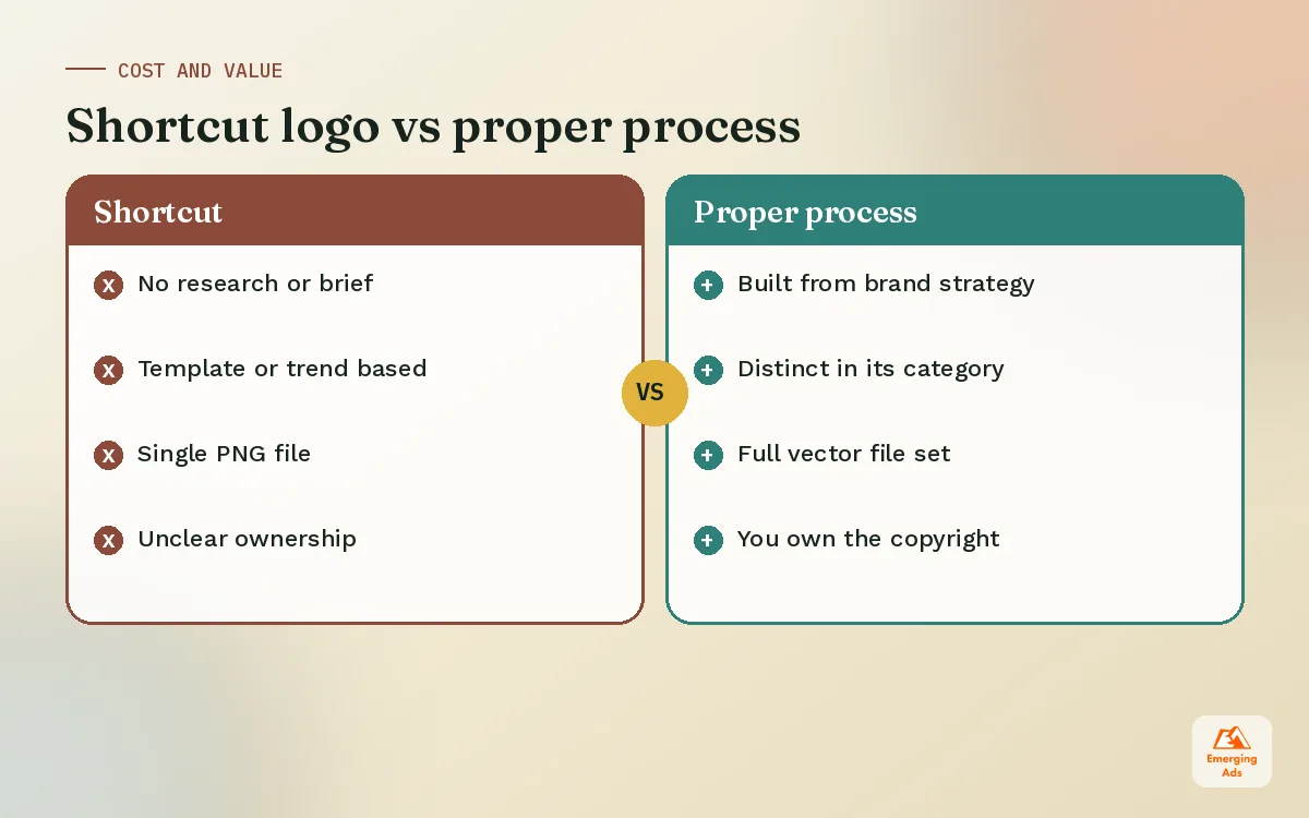 Comparison of cheap marketplace logos versus a proper logo design process