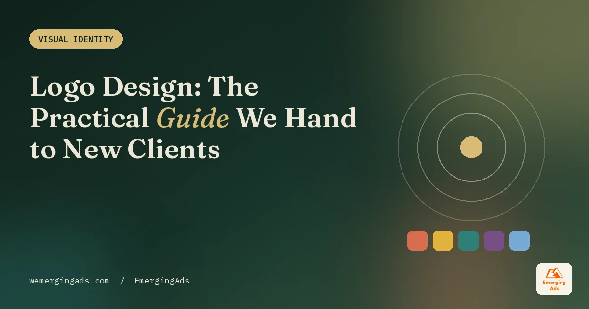 Logo design guide cover in the EmergingAds editorial style with the headline Logo Design, The Practical Guide We Hand to New Clients