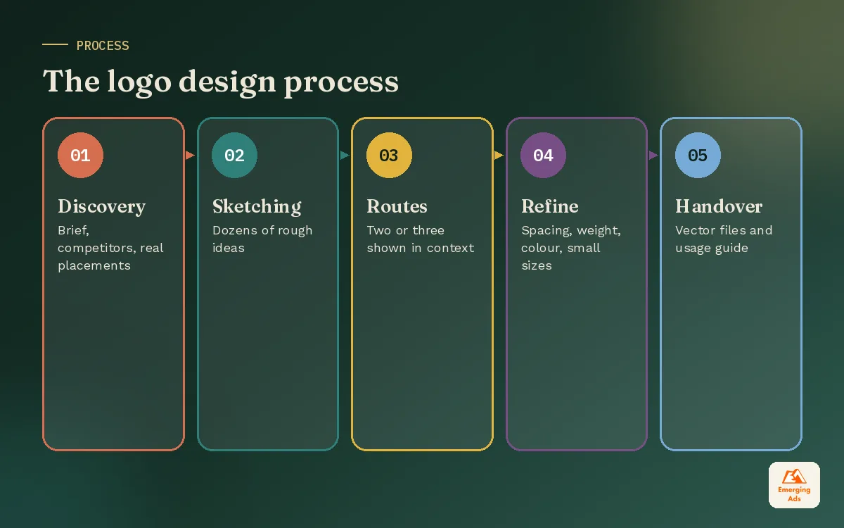 Five step logo design process from discovery and sketching to routes, refinement and handover