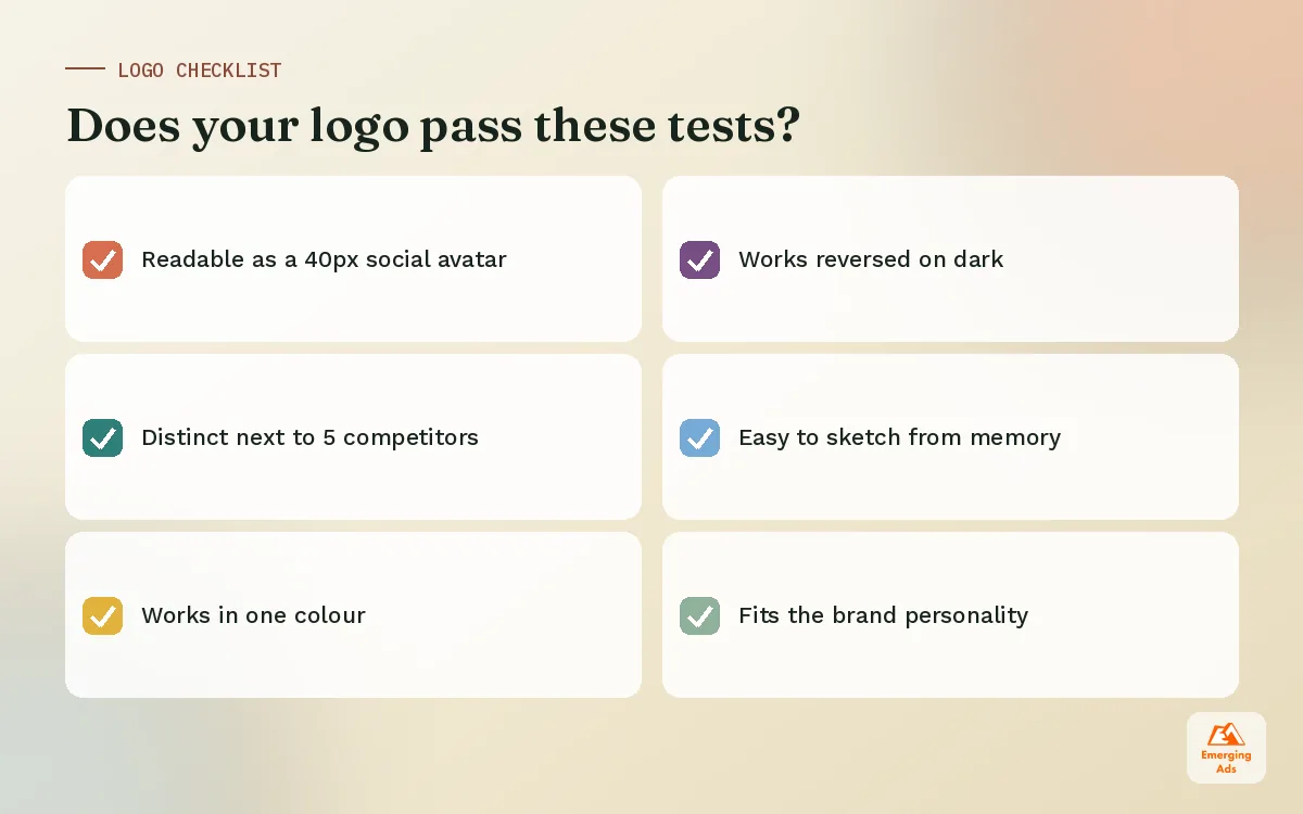 Checklist of practical tests a good logo should pass, including legibility at small sizes and working in one colour