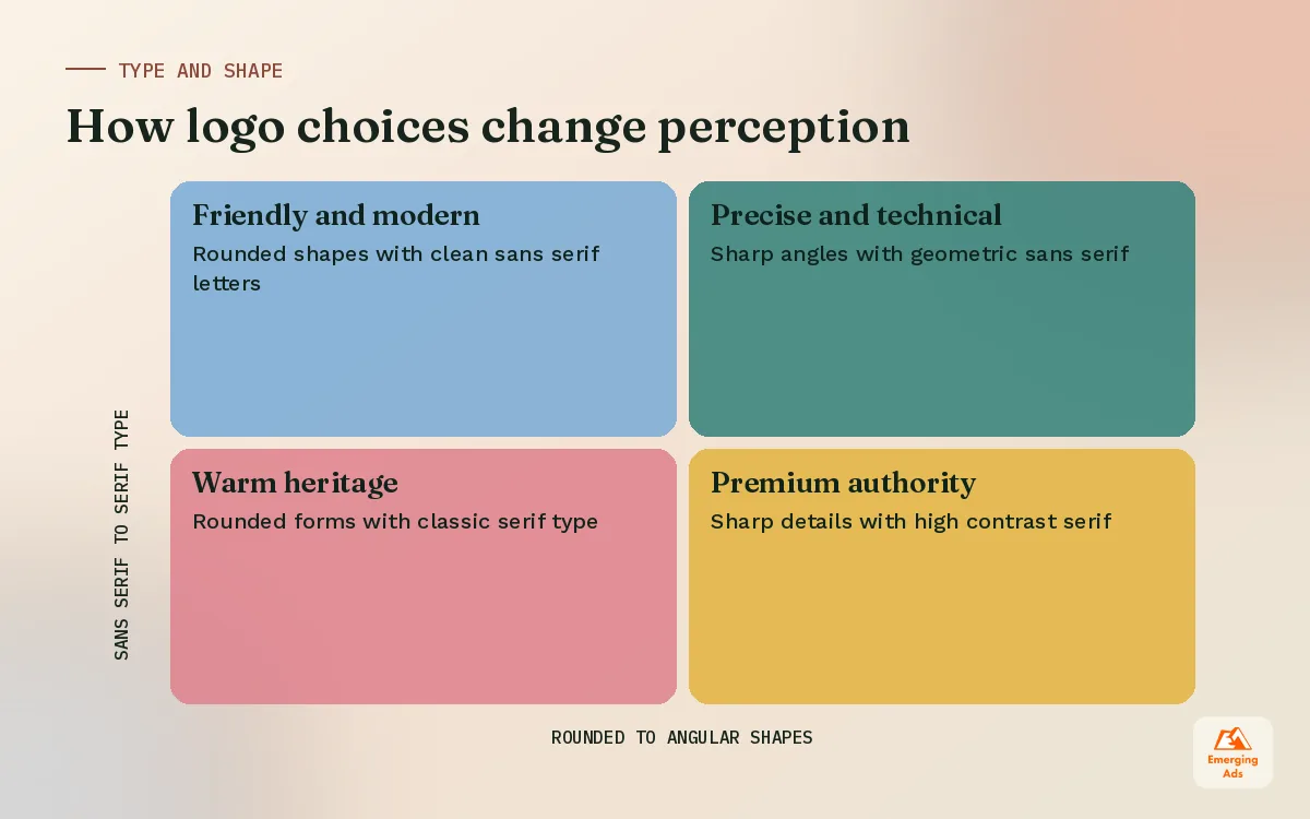 Matrix showing how serif, sans serif, rounded and angular logo choices change brand perception