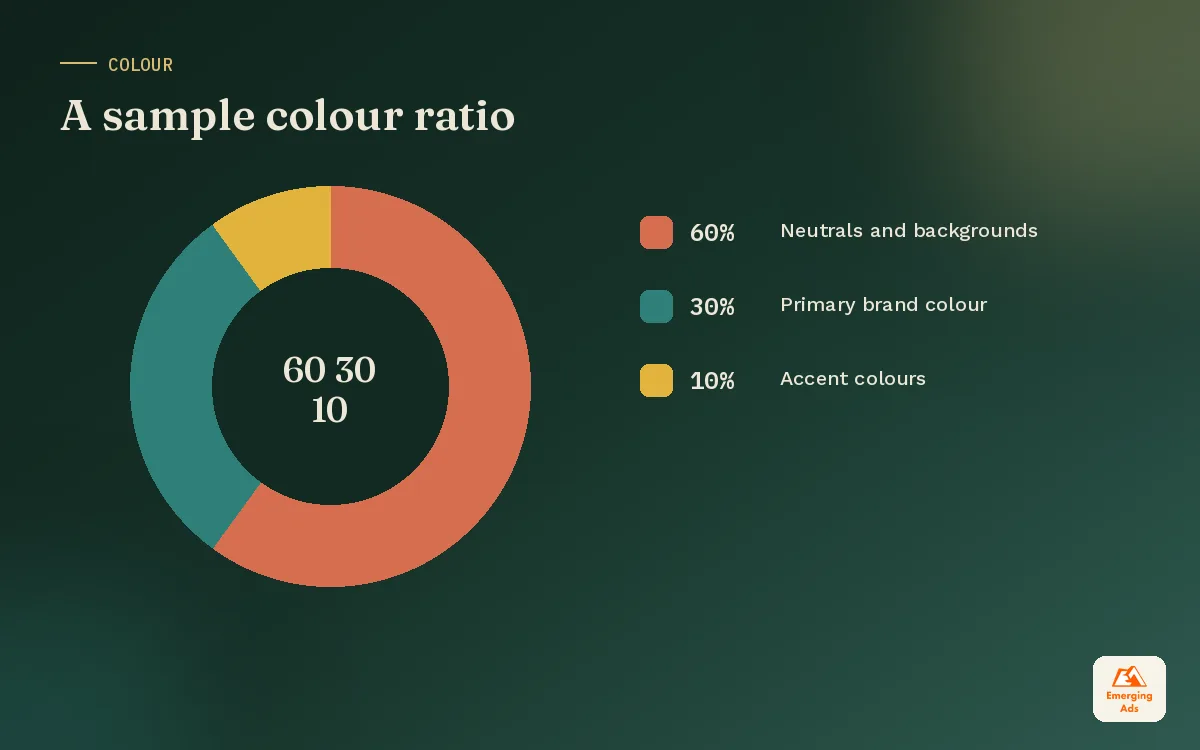 Donut chart showing a sample brand colour ratio of neutrals, primary colour and accents