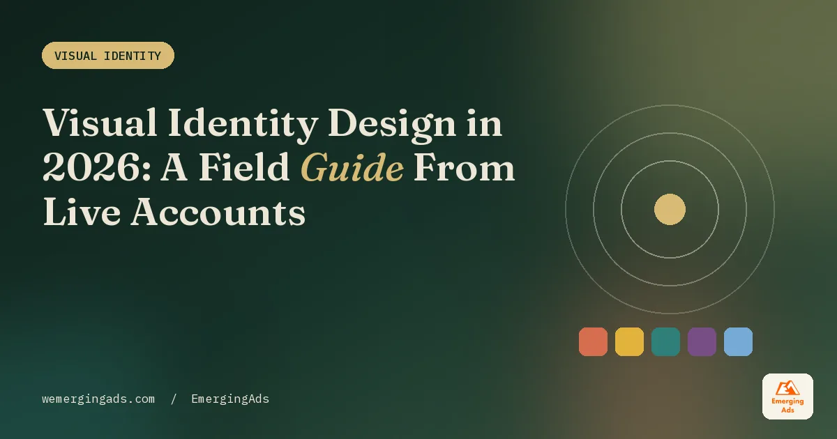 Visual identity design field guide cover in the EmergingAds editorial palette