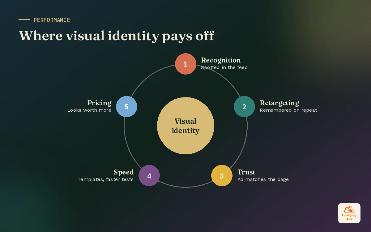 Wheel diagram showing how a visual identity supports recognition, trust, retargeting, speed and pricing in performance marketing