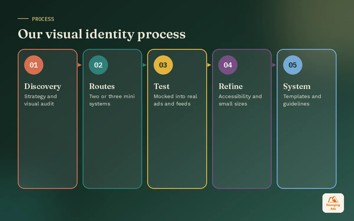 Five stage visual identity design process from discovery to systemisation