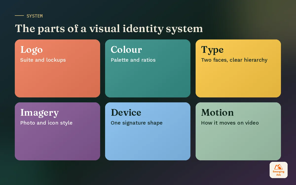 Colourful tiles showing the parts of a visual identity system from colour and type to motion